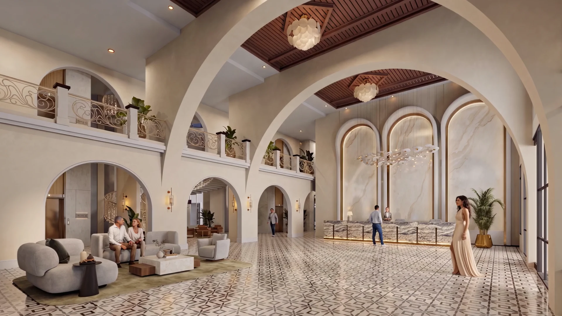 Conceptual AI character in a light-filled architectural lobby.